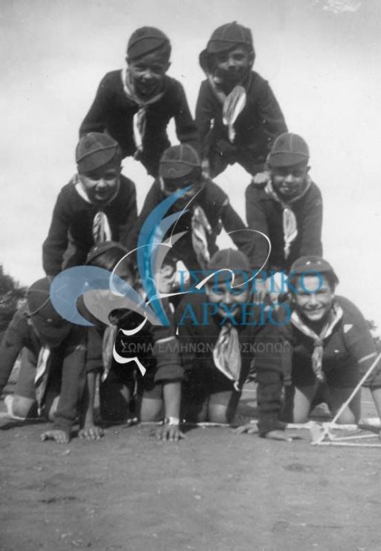 Συνάντηση - εκδρομή όλων των Αγελών της Αθήνας στη Μαγκουφάνα (Πεύκη) στις 1 Δεκεμβρίου του 1935 για 2ο Κυνήγι Αγελών. Στη φωτογραφία λυκόπουλα σε ώρα παιχνιδιού.