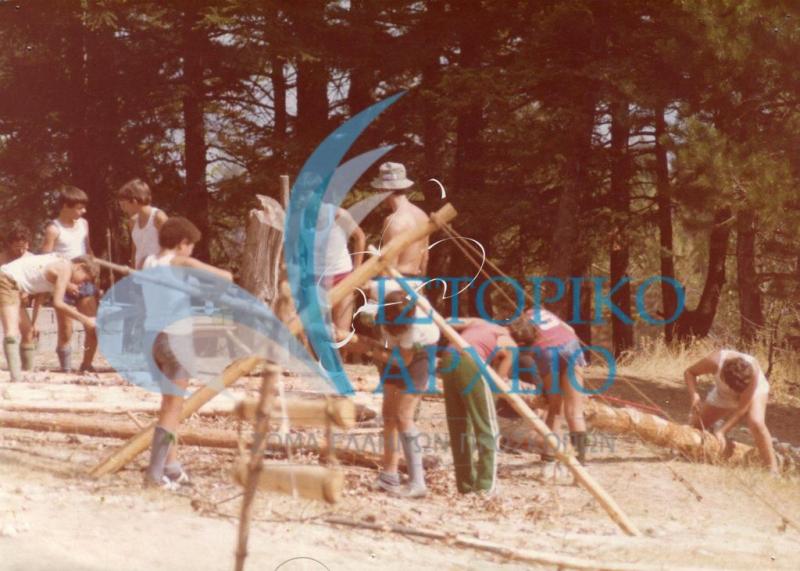 Πρόσκοποι της Δάφνης σε ώρα μεγάλων κατασκευών στην κατασκήνωση τους στο Παρνασσό το 1978. 